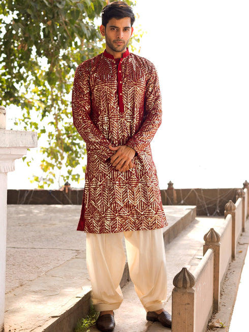 Men's Maroon Georgette Embellished Kurta Patiala Set